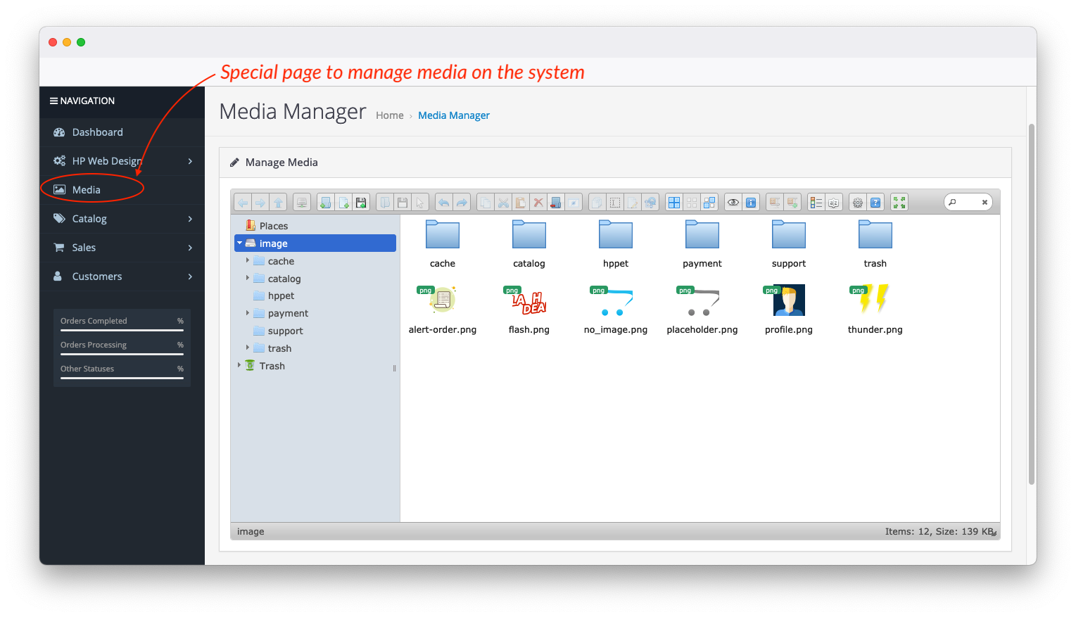 special page to manage file and media in opencart